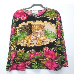 TIGER print Top pullover stretch embellished Colorful Haband VTG long sleeve